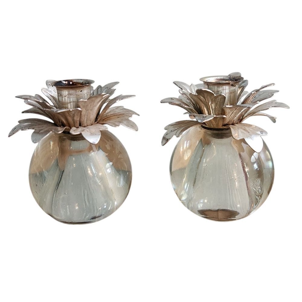 Vintage Candle Holder Pair Heavy Glass Sphere Base Metal Flower Silver Clear